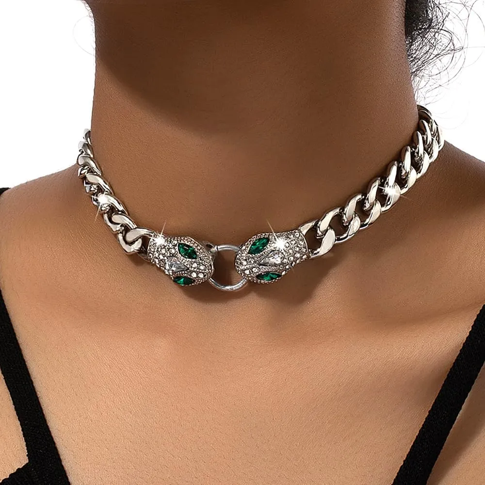 Punk Animal Snake Choker Necklace Hip Hop Rhinestone Snake head Cuban Link Chain Necklace Chunky Cuban Chain Crystal Jewelry for Women Gifts