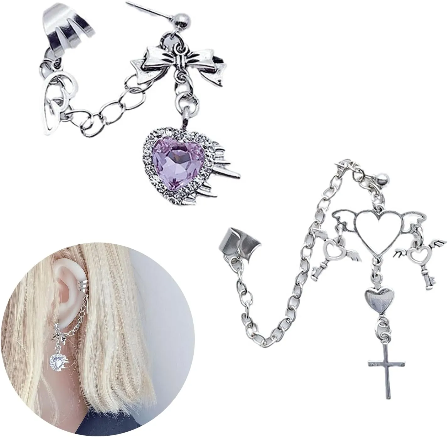 Punk Gothic Zircon Heart Earrings Chain Ear Cuff for Women Men Hip Hop Metal Clip Pieces Jewelry