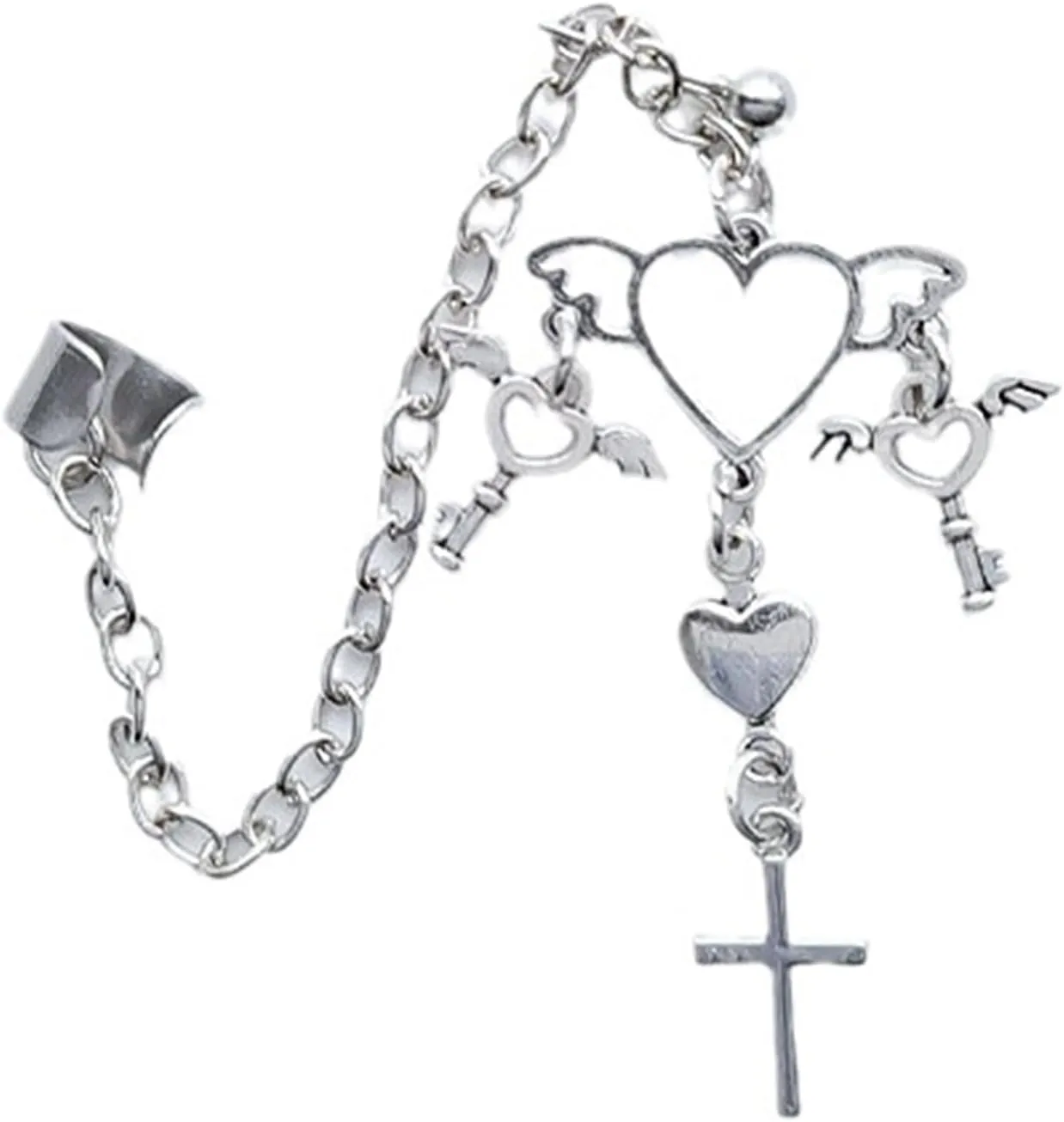 Punk Gothic Zircon Heart Earrings Chain Ear Cuff for Women Men Hip Hop Metal Clip Pieces Jewelry