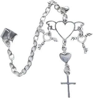 Punk Gothic Zircon Heart Earrings Chain Ear Cuff for Women Men Hip Hop Metal Clip Pieces Jewelry
