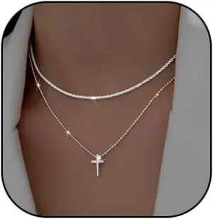 Punk Layered Cross Pendant Necklaces for Women Stackable Cross Chain Statement Clavicle Necklace Set Sparkly Zircon Cross Necklace Jewelry Gifts