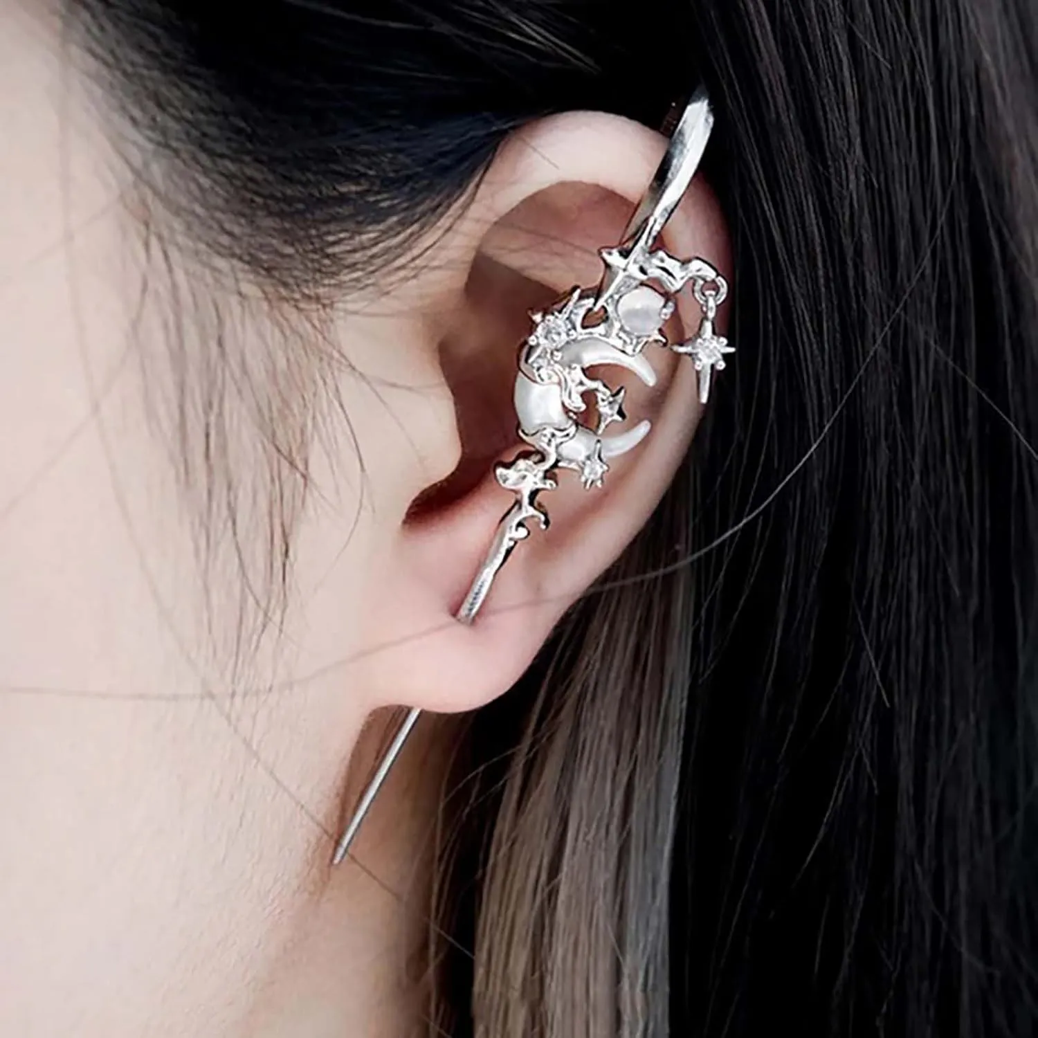 Punk Moon Ear Crawler Hook Earrings Moon Ear Hook Earrings Silver Moonstone Moon Earrings Moon Ear Wrap Crawler Earrings Moon Climber Cuff Earrings Moon Edgy Ear Pin Earrings Jewelry