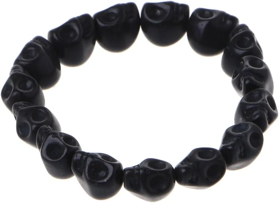 Punk Personality Skull Bead Skeleton Bracelets Gothic Charm for Head Bone Stone Elastic Bracelets Tibetan Prayer for