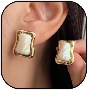 "Gold Pearl Stud Earrings for Women Baroque Pearl Earrings Irregular Geometric Pearl Earrings Lightweight Statement Pearl Earrings Jewelry Gifts"