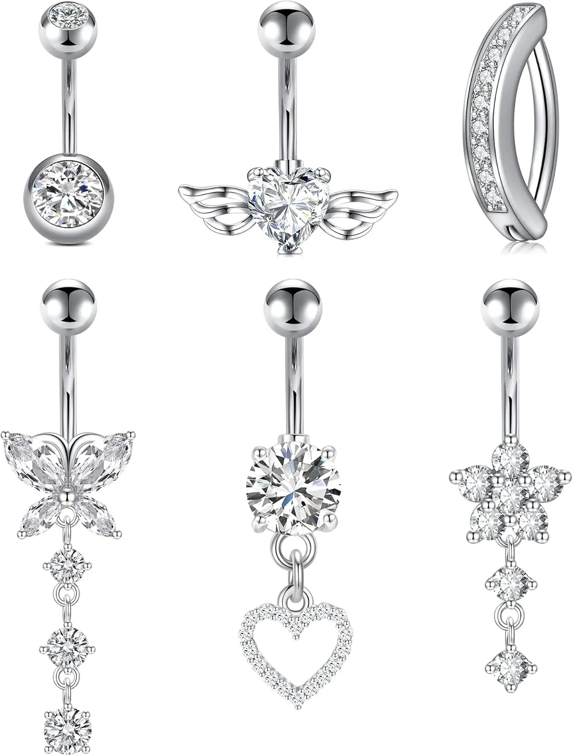 QWALIT Belly Button Rings 14G Surgical Steel Belly Rings CZ Opal Navel Piercing Jewelry for Women Girls 3/8" 10mm Silver Rose Gold