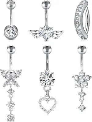 QWALIT Belly Button Rings 14G Surgical Steel Belly Rings CZ Opal Navel Piercing Jewelry for Women Girls 3/8" 10mm Silver Rose Gold