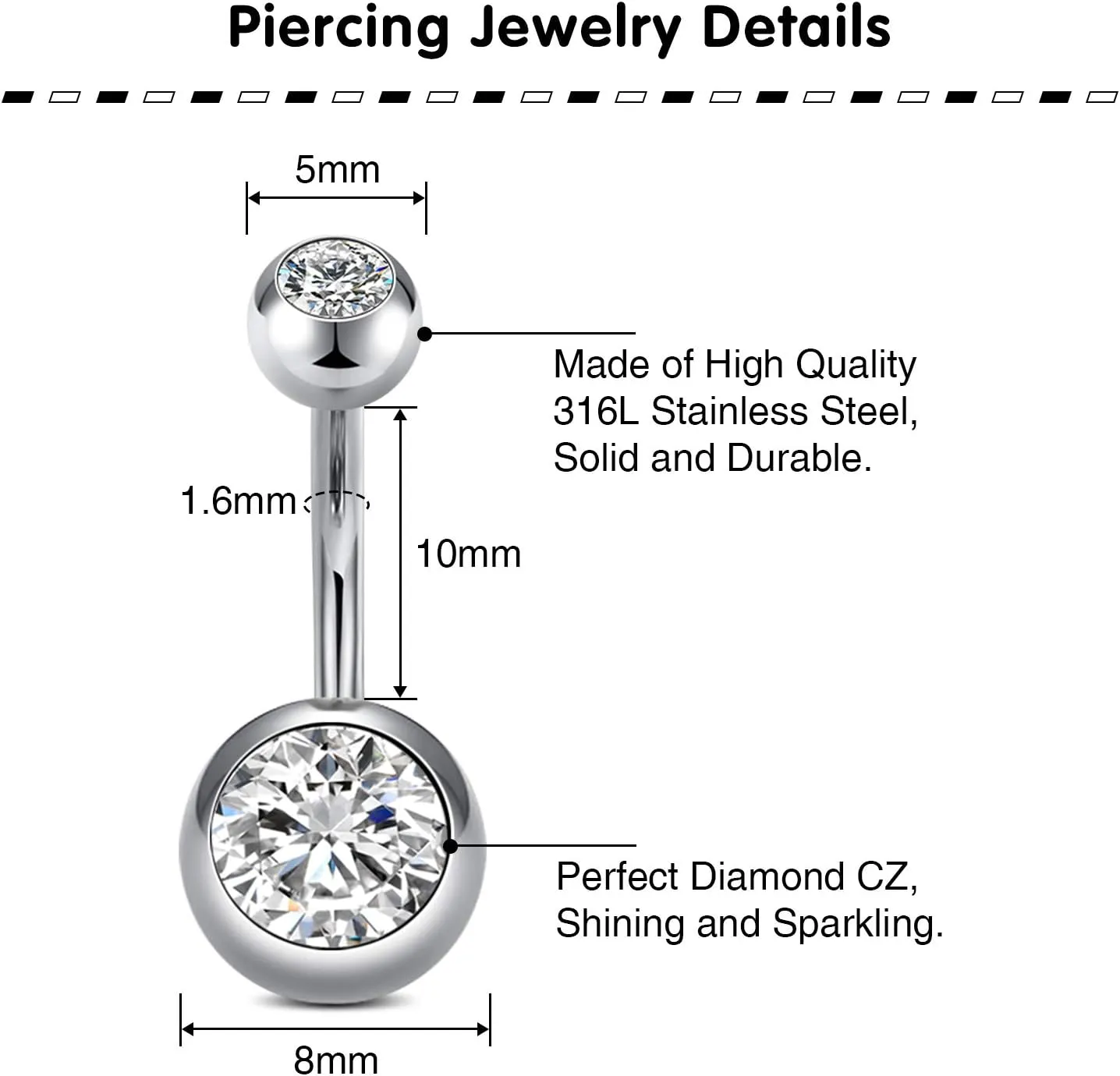 QWALIT Belly Button Rings 14G Surgical Steel Belly Rings CZ Opal Navel Piercing Jewelry for Women Girls 3/8" 10mm Silver Rose Gold