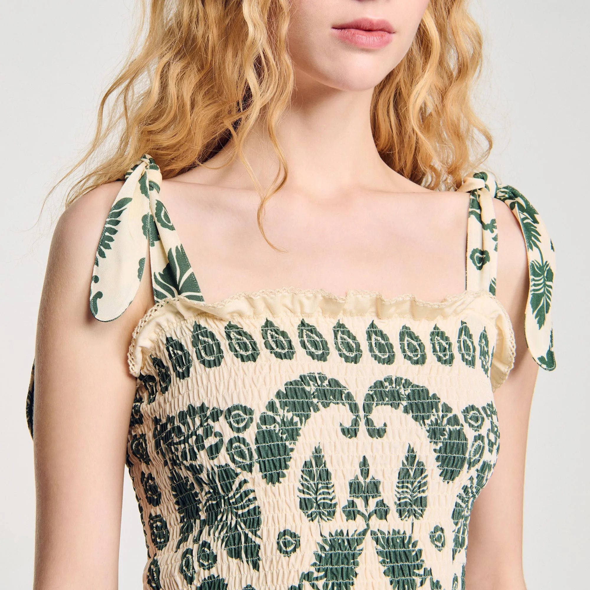 Ramatuelle Floral Motif Smocked Top Ecru/Green