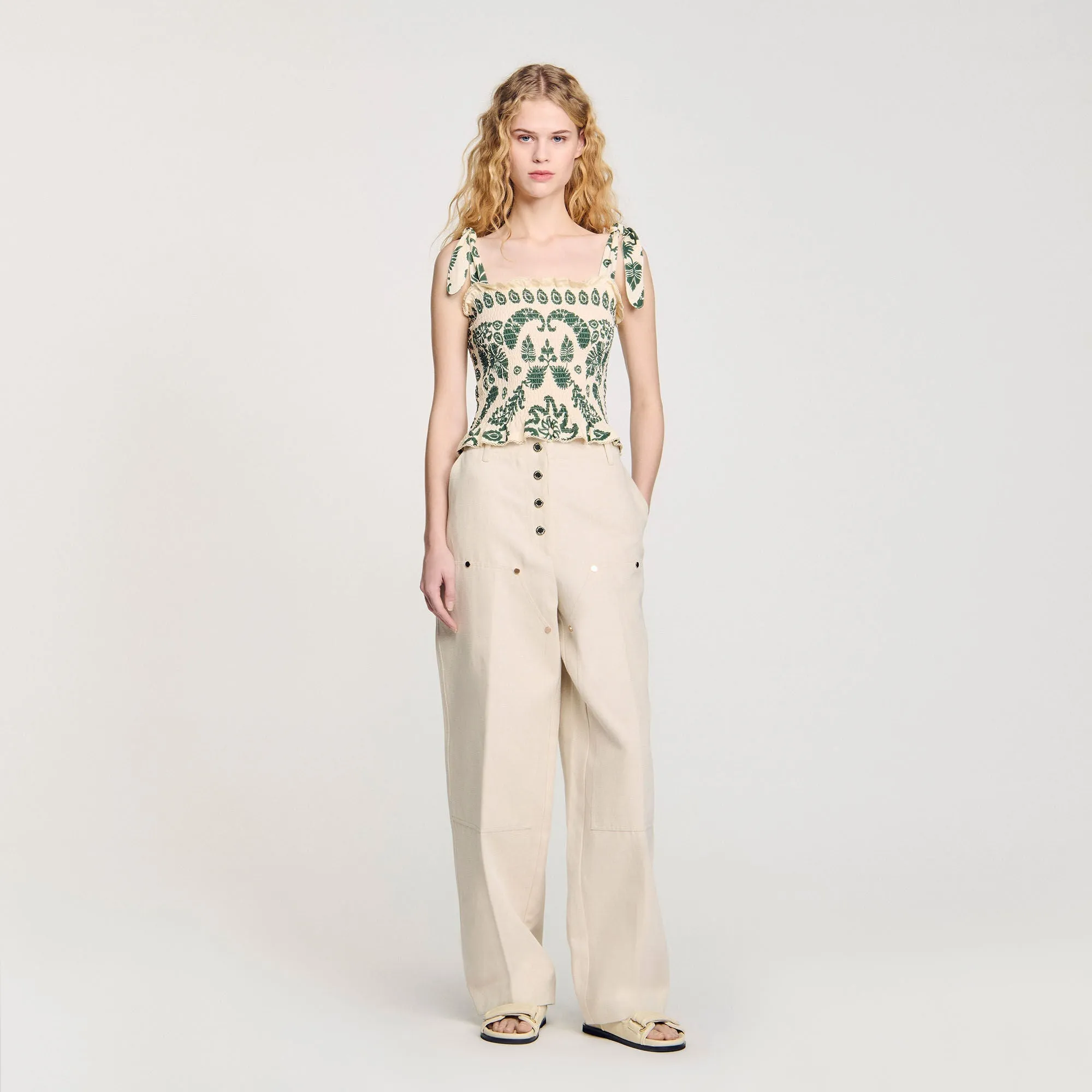 Ramatuelle Floral Motif Smocked Top Ecru/Green