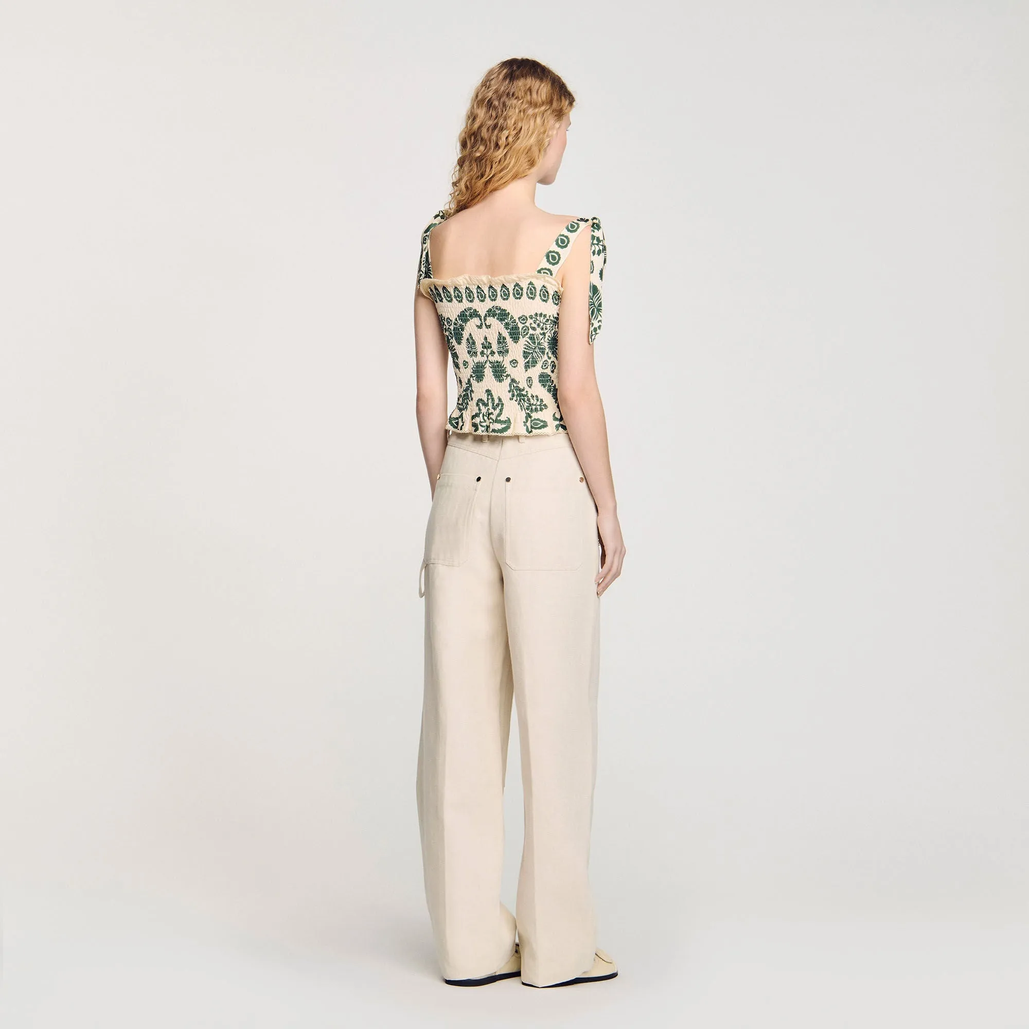 Ramatuelle Floral Motif Smocked Top Ecru/Green