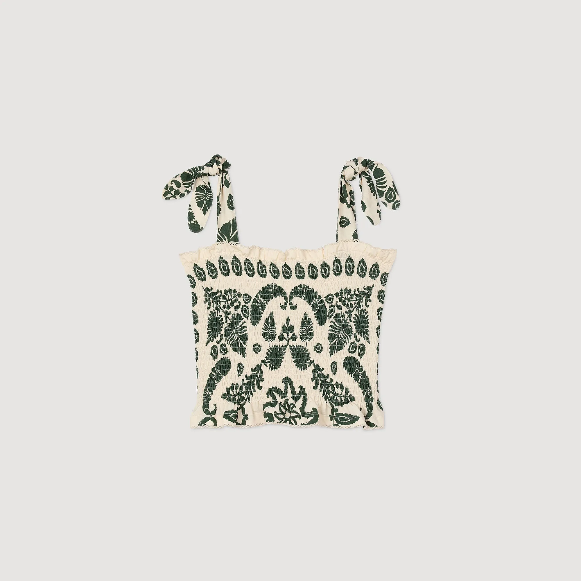 Ramatuelle Floral Motif Smocked Top Ecru/Green
