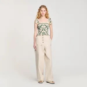 Ramatuelle Floral Motif Smocked Top Ecru/Green