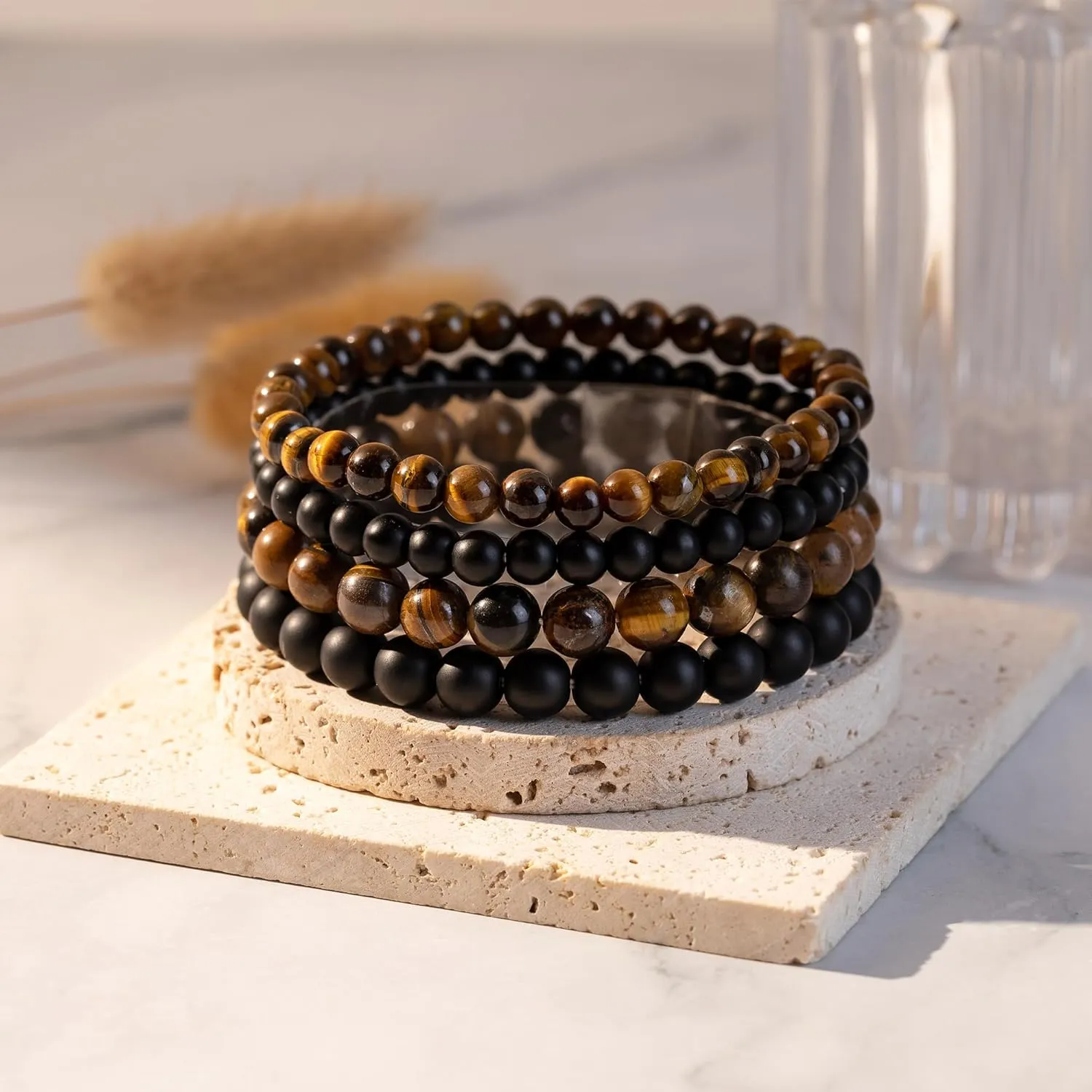 RANKEEF Mens Bead Bracelet Set - Adjustable Elastic Rope With 6&8MM Natural Stone Multi-Colored Beads - Tiger Eye Bracelets for Men - Gift