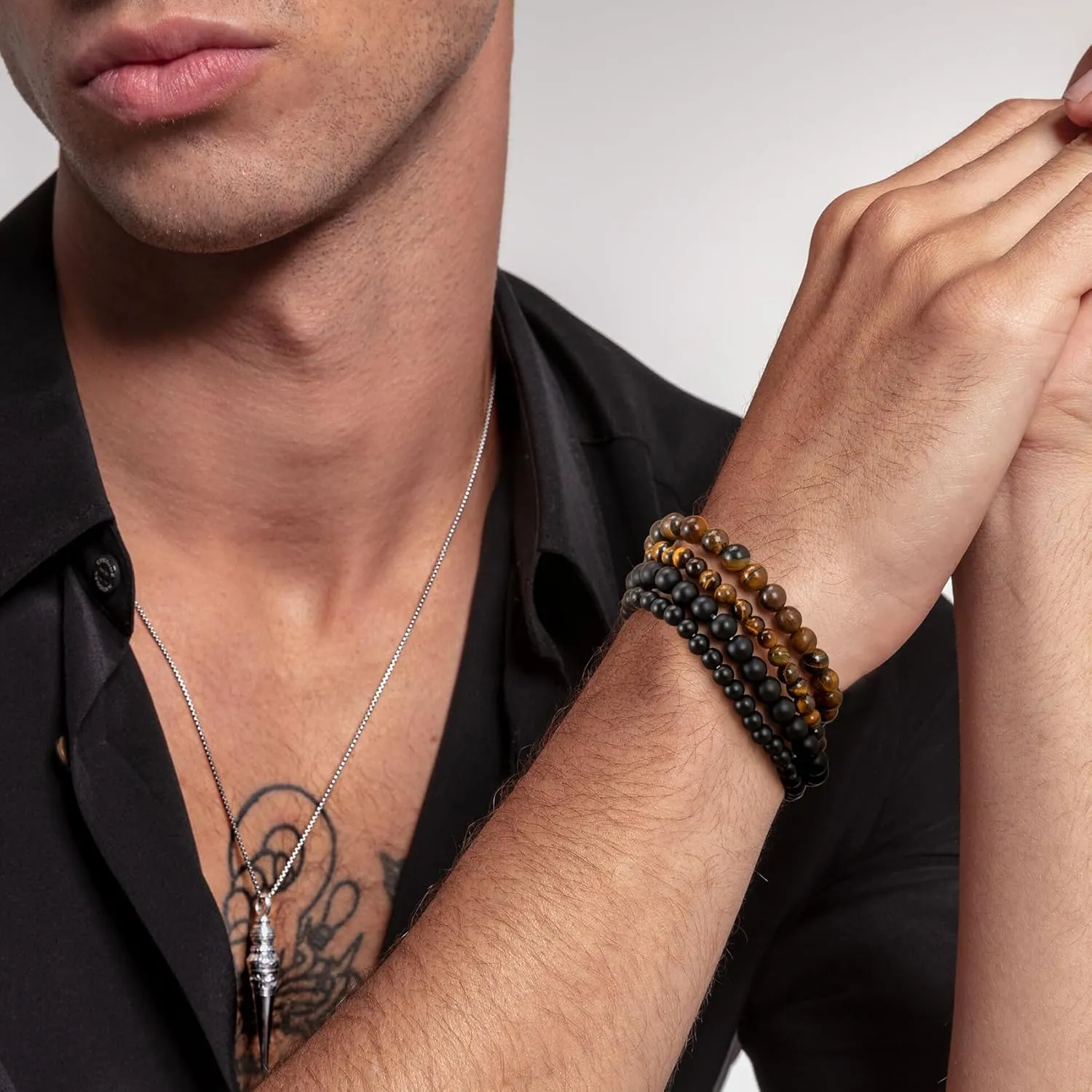 RANKEEF Mens Bead Bracelet Set - Adjustable Elastic Rope With 6&8MM Natural Stone Multi-Colored Beads - Tiger Eye Bracelets for Men - Gift