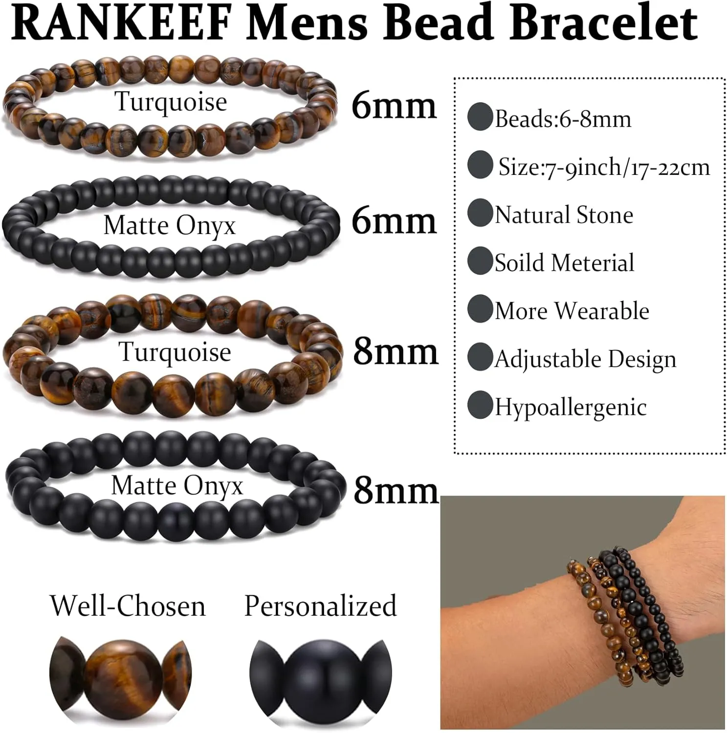 RANKEEF Mens Bead Bracelet Set - Adjustable Elastic Rope With 6&8MM Natural Stone Multi-Colored Beads - Tiger Eye Bracelets for Men - Gift