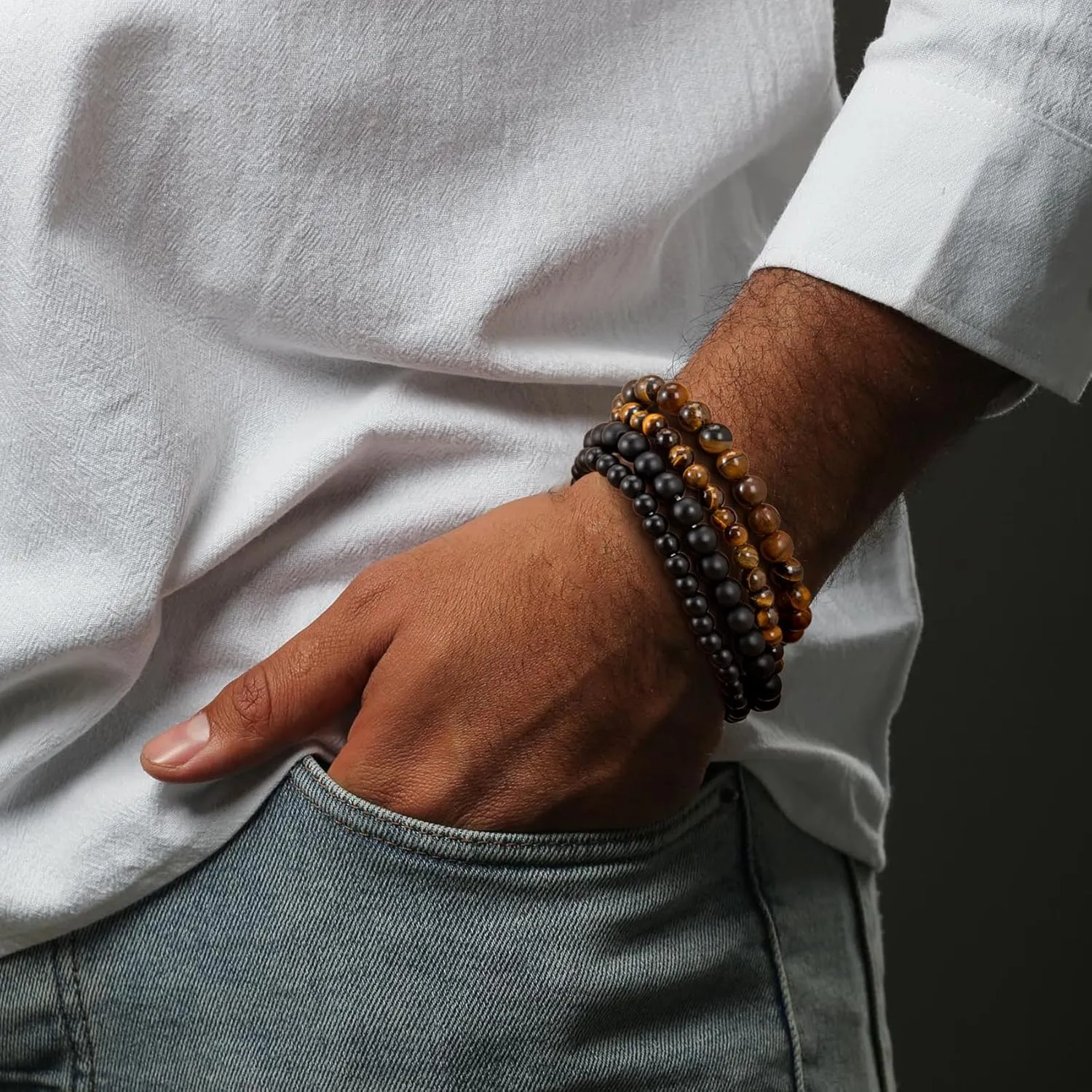 RANKEEF Mens Bead Bracelet Set - Adjustable Elastic Rope With 6&8MM Natural Stone Multi-Colored Beads - Tiger Eye Bracelets for Men - Gift