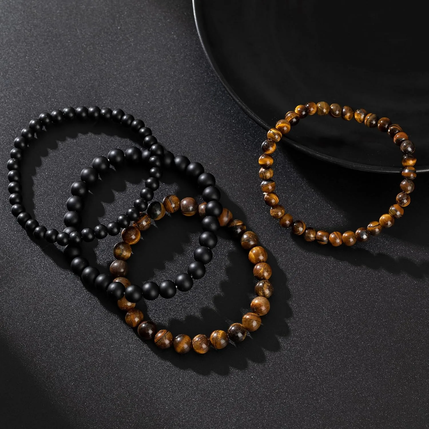 RANKEEF Mens Bead Bracelet Set - Adjustable Elastic Rope With 6&8MM Natural Stone Multi-Colored Beads - Tiger Eye Bracelets for Men - Gift