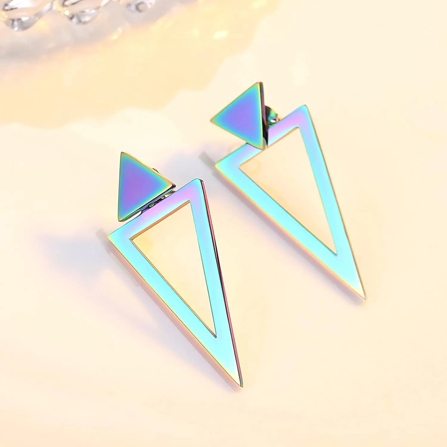 REELMAR Black Triangle Earrings for Women Geometric Ear Jacket Earrings Front and Back Triangle Stud Earrings Stainless Steel Gothic Punk Earrings Jewelry