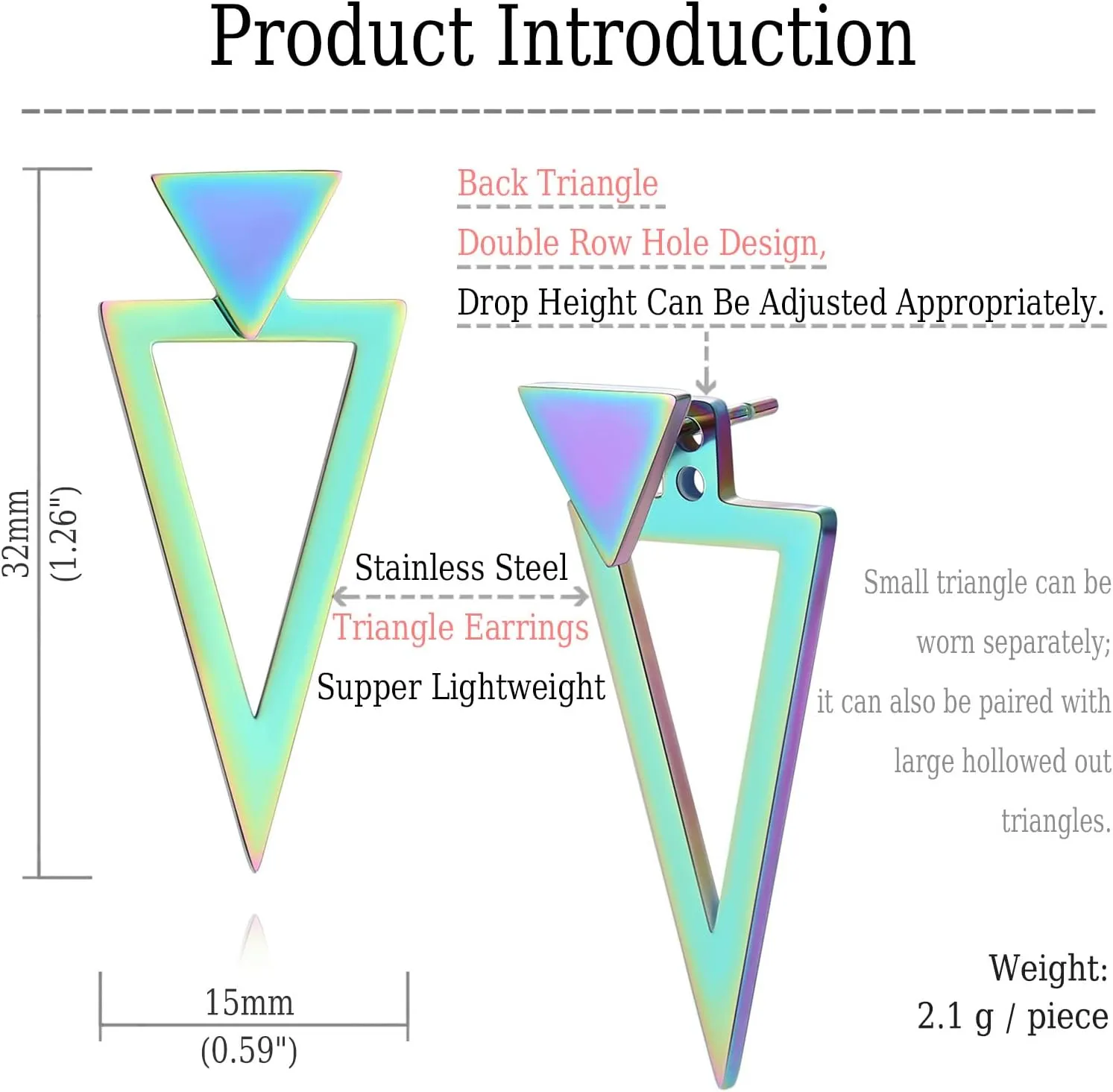 REELMAR Black Triangle Earrings for Women Geometric Ear Jacket Earrings Front and Back Triangle Stud Earrings Stainless Steel Gothic Punk Earrings Jewelry