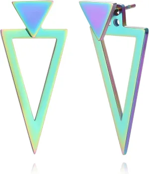 REELMAR Black Triangle Earrings for Women Geometric Ear Jacket Earrings Front and Back Triangle Stud Earrings Stainless Steel Gothic Punk Earrings Jewelry