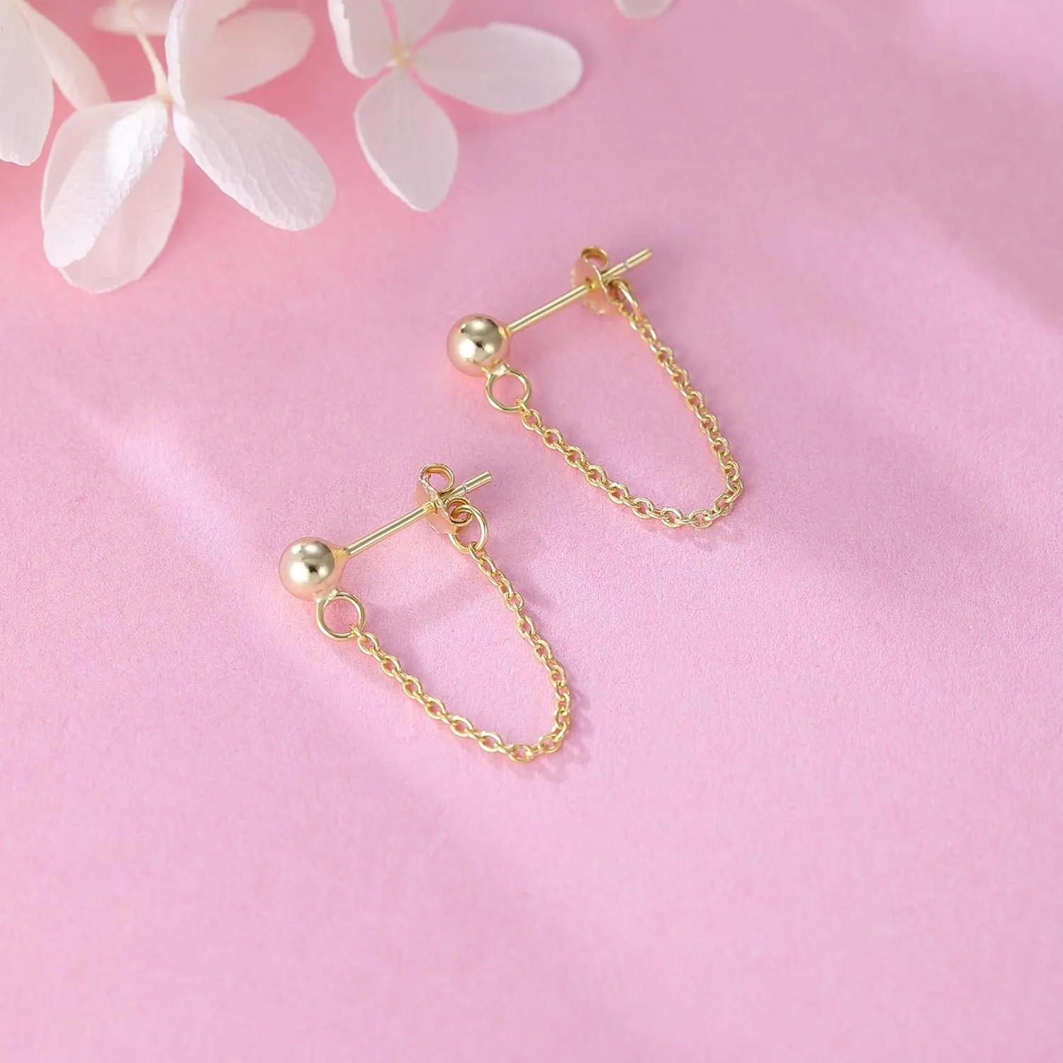 Reffeer Minimalist Ball Earrings with Chain Dangle Earrings for Women Teens Dangle Earrings Studs Cute Solid 925 Sterling Silver Earrings