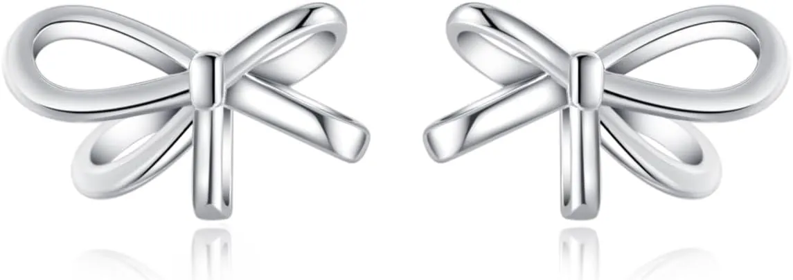 Reffeer Solid 925 Sterling Silver Bow Stud Earrings for Women Teens Small Ribbon Stud Earrings Bowknot