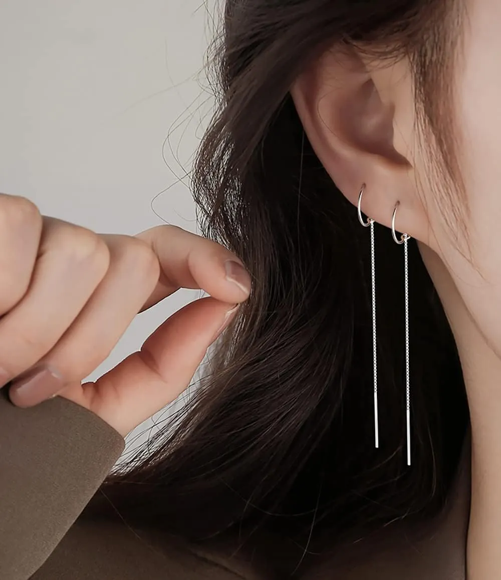 Reffeer Solid 925 Sterling Silver Chain Dangle Earrings Tassel for Women Teens Long Dangle Earrings Minimalist Threader Earrings
