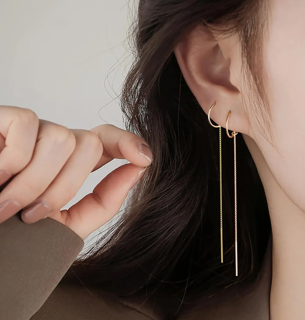 Reffeer Solid 925 Sterling Silver Chain Dangle Earrings Tassel for Women Teens Long Dangle Earrings Minimalist Threader Earrings