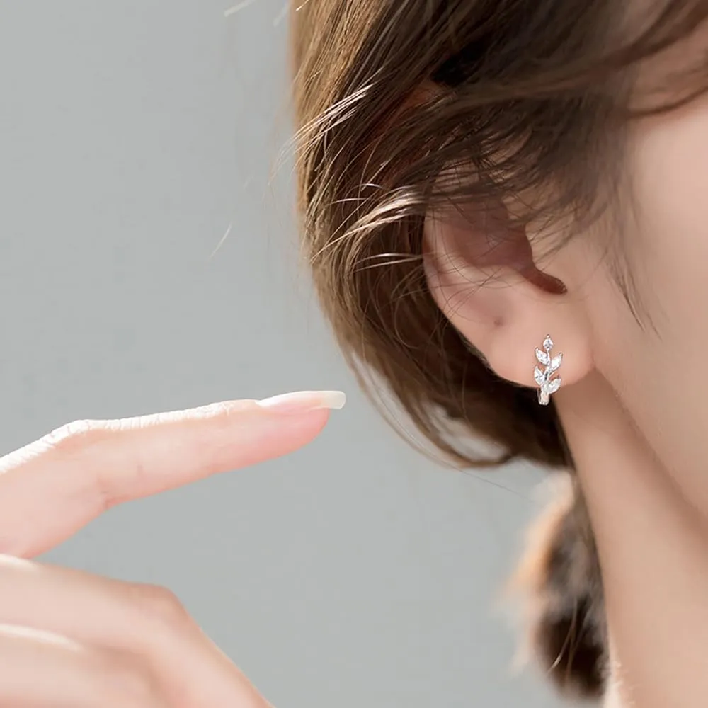 Reffeer Solid 925 Sterling Silver CZ Leaf Hoop Earrings Huggie for Women Teens Leaf Cartilage Hoop Earrings Helix Earrings