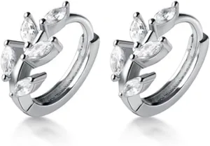 Reffeer Solid 925 Sterling Silver CZ Leaf Hoop Earrings Huggie for Women Teens Leaf Cartilage Hoop Earrings Helix Earrings