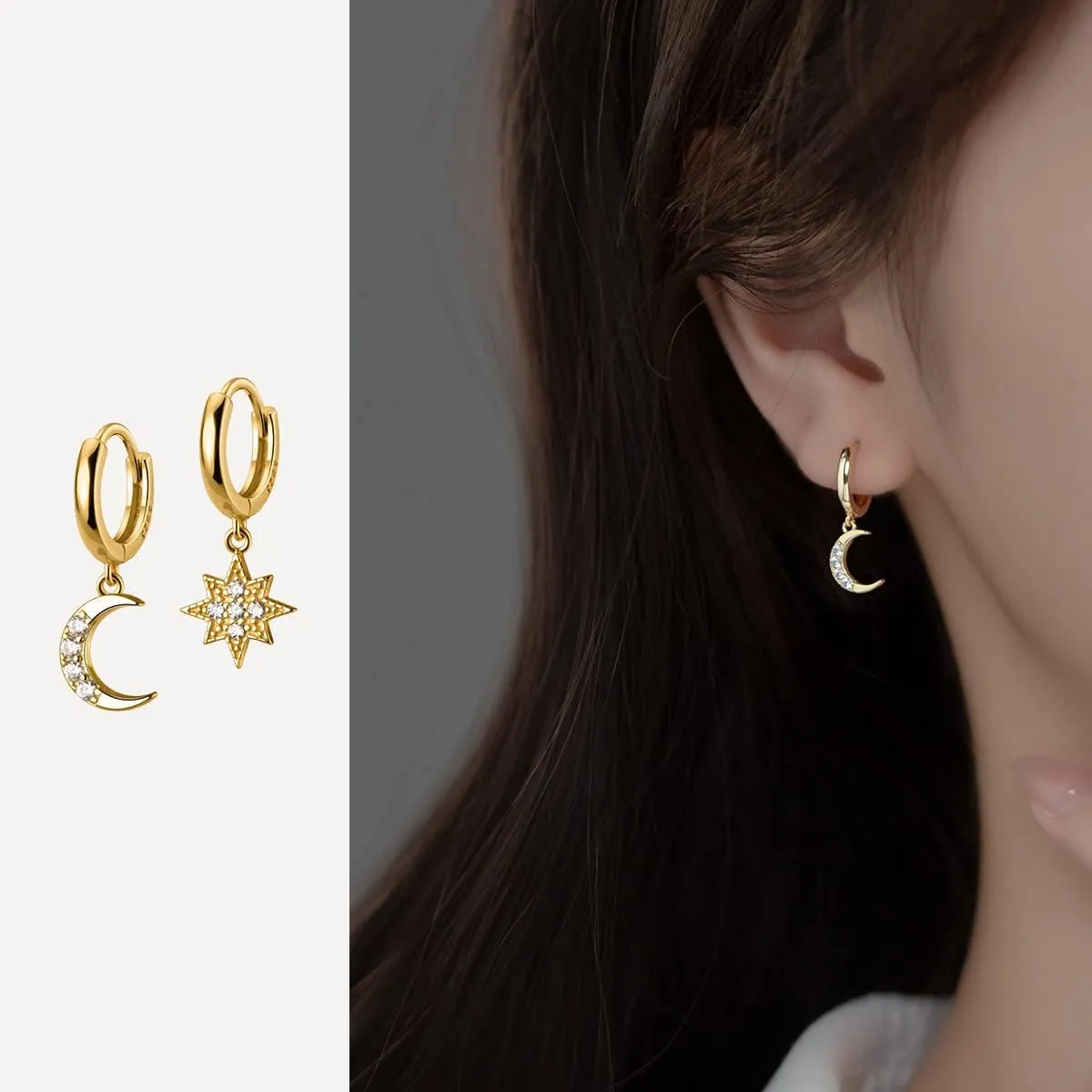 Reffeer Solid 925 Sterling Silver CZ Star Moon Drop Hoop Earrings for Women Teens Crystal Moon Star Hoop Earrings Dangle