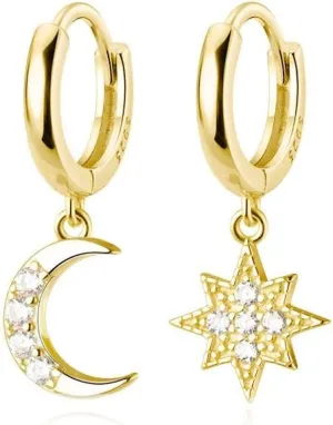 Reffeer Solid 925 Sterling Silver CZ Star Moon Drop Hoop Earrings for Women Teens Crystal Moon Star Hoop Earrings Dangle