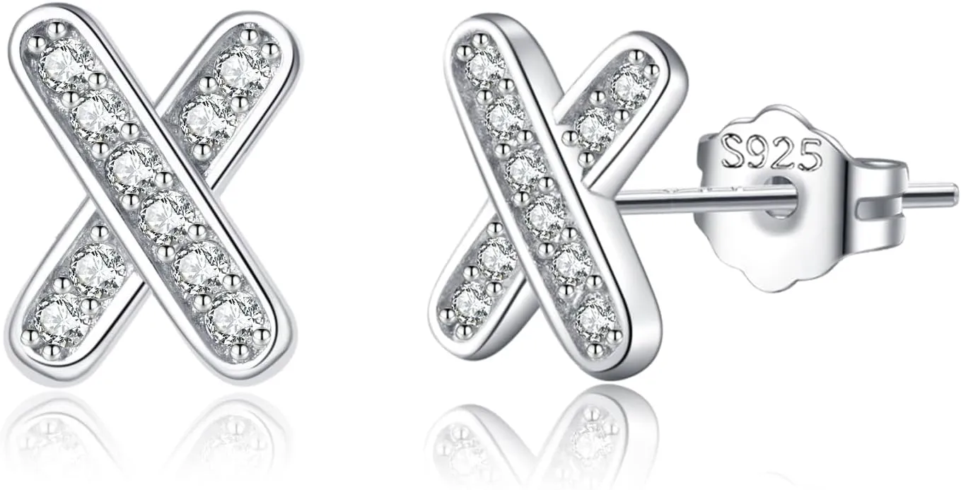 Reffeer Solid 925 Sterling Silver Letter X Stud Earrings for Women Teens CZ X Earrings Post Stud Earrings