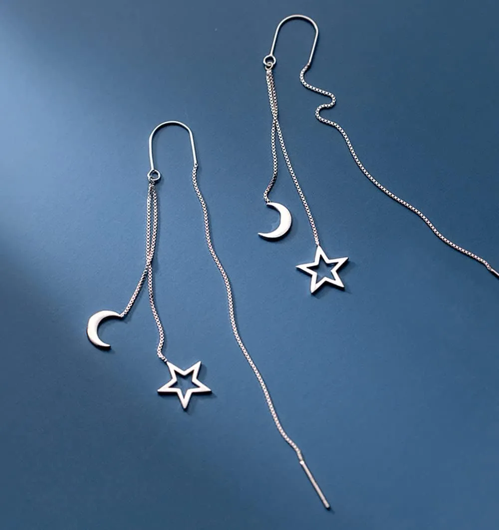 Reffeer Solid 925 Sterling Silver Moon Star Threader Dangle Earrings Chain for Women Teens Long Dangle Earrings Tassel Chain
