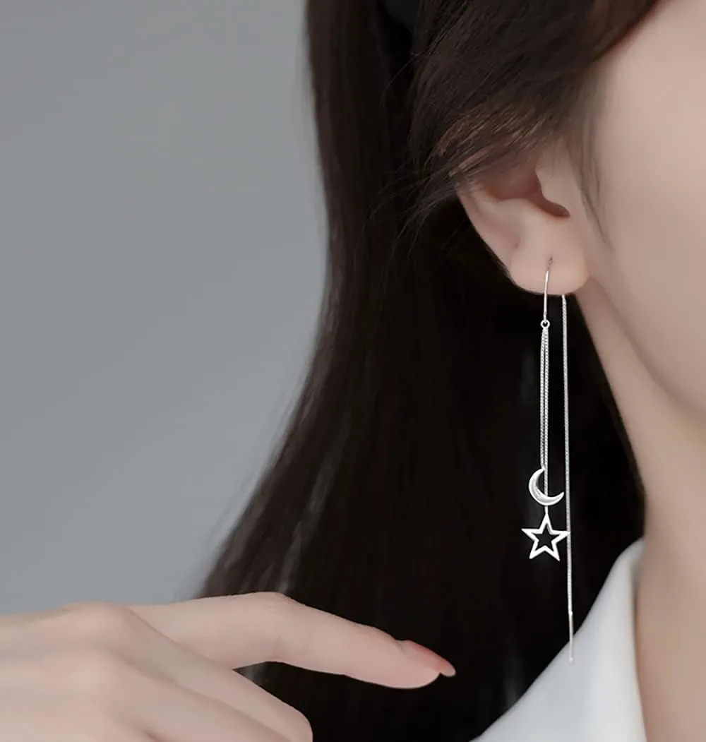 Reffeer Solid 925 Sterling Silver Moon Star Threader Dangle Earrings Chain for Women Teens Long Dangle Earrings Tassel Chain
