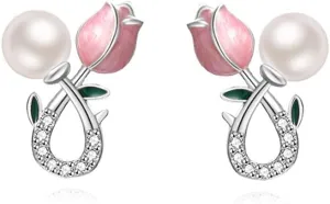 Reffeer Solid 925 Sterling Silver Pink Flower Stud Earrings for Women Teens Spring Flower Stud Earrings Pearls
