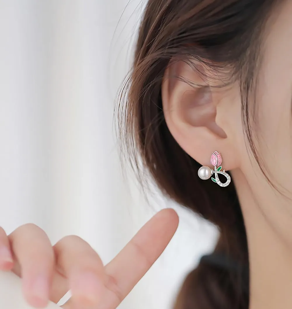 Reffeer Solid 925 Sterling Silver Pink Flower Stud Earrings for Women Teens Spring Flower Stud Earrings Pearls