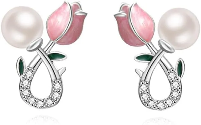 Reffeer Solid 925 Sterling Silver Pink Flower Stud Earrings for Women Teens Spring Flower Stud Earrings Pearls