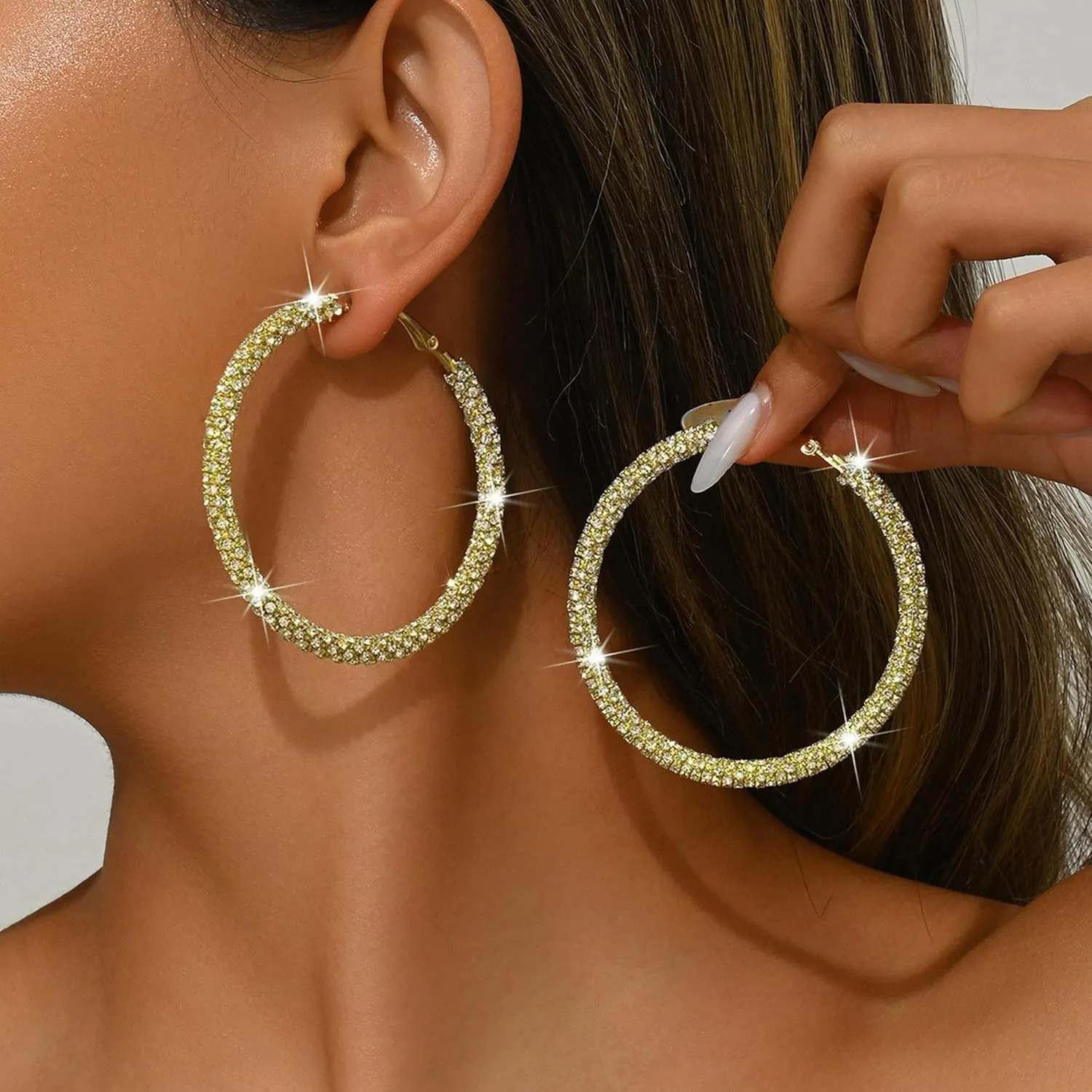Rhinestone Hoop Earrings for Women Trendy Prom Dresses 2025 Big Gold/Silver Hoop Earrings Large Glitter Hoop Earrings Sparkly Hoops Earring Wedding Prom Formal Jewelry Gifts
