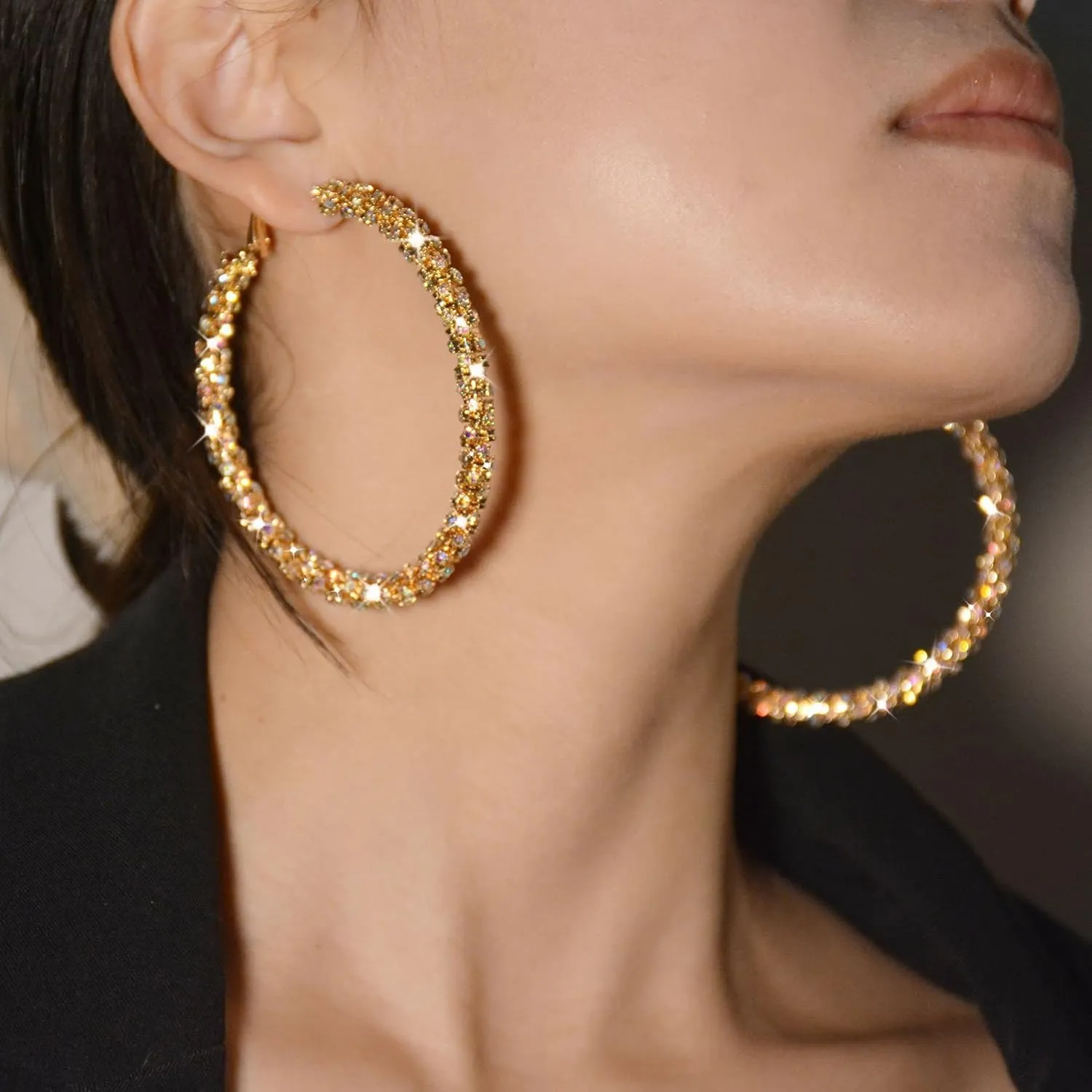 Rhinestone Hoop Earrings for Women Trendy Prom Dresses 2025 Big Gold/Silver Hoop Earrings Large Glitter Hoop Earrings Sparkly Hoops Earring Wedding Prom Formal Jewelry Gifts