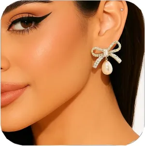 Rhinestone Pearl Bow Earrings for Women Dangly Statement Hypoallergenic Pearl Drop Earrings Wedding Jewelry Brides Gifts