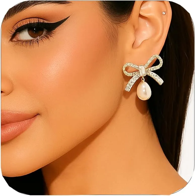 Rhinestone Pearl Bow Earrings for Women Dangly Statement Hypoallergenic Pearl Drop Earrings Wedding Jewelry Brides Gifts