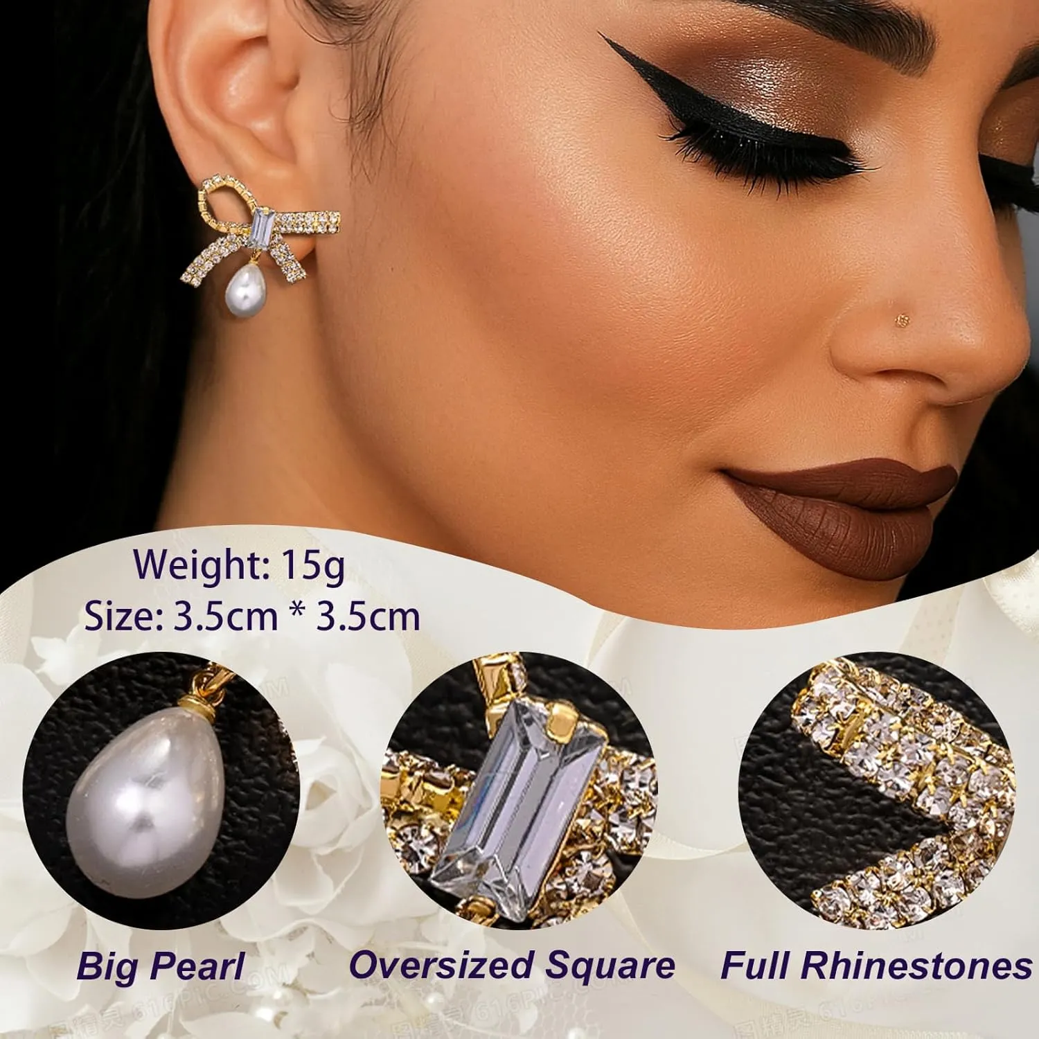 Rhinestone Pearl Bow Earrings for Women Dangly Statement Hypoallergenic Pearl Drop Earrings Wedding Jewelry Brides Gifts