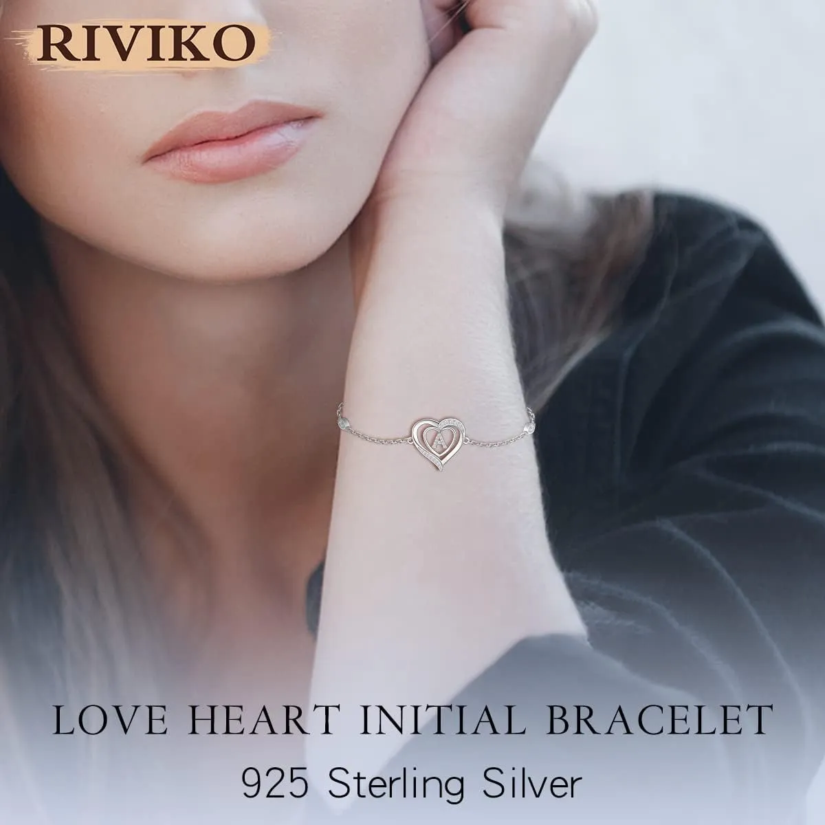 RIVIKO Heart Initial Bracelets for Women,925 Sterling Silver Letter Bracelets, Personalized Charm Alphabet Jewelry Valentines Christmas Mothers Day Birthday Gifts for Women Friend Her Mom Wife Lady