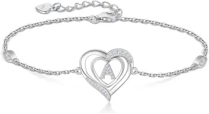 RIVIKO Heart Initial Bracelets for Women,925 Sterling Silver Letter Bracelets, Personalized Charm Alphabet Jewelry Valentines Christmas Mothers Day Birthday Gifts for Women Friend Her Mom Wife Lady