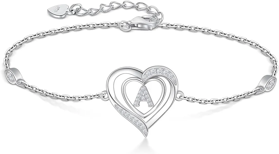 RIVIKO Heart Initial Bracelets for Women,925 Sterling Silver Letter Bracelets, Personalized Charm Alphabet Jewelry Valentines Christmas Mothers Day Birthday Gifts for Women Friend Her Mom Wife Lady