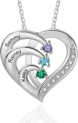 ROSI 925 Sterling Silver Custom Heart Necklaces for Women, Handmade Mother Daughter Necklace with Kid Names Birthstones, Personalized Gifts for Mom, Promise Name Necklace for Women Mother's Day