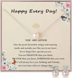 S925 Sterling Silver Pearl Necklace and Pearl Earrings,Birthday Gifts for Women Girls Age 7 9 10 13 16 18 21 30 40 50 60, Christmas Day Gifts for Daughter, Mom, Friend, Wife