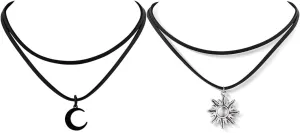 Sacina Gothic Boho Layered Crescent Moon and Sun Chokers Set, Black Choker, Sun and Moon Necklaces for Women, Goth Gothic Emo Grunge Necklace, Jewelry Gift for Women