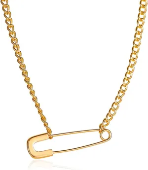 Safety Pin Necklace for Women Sparkling Crystal Dainty 18K Gold Plated Necklace Simple Safety Pin Pendant Link Chain Necklace Trendy Cute Gold Necklaces Jewelry